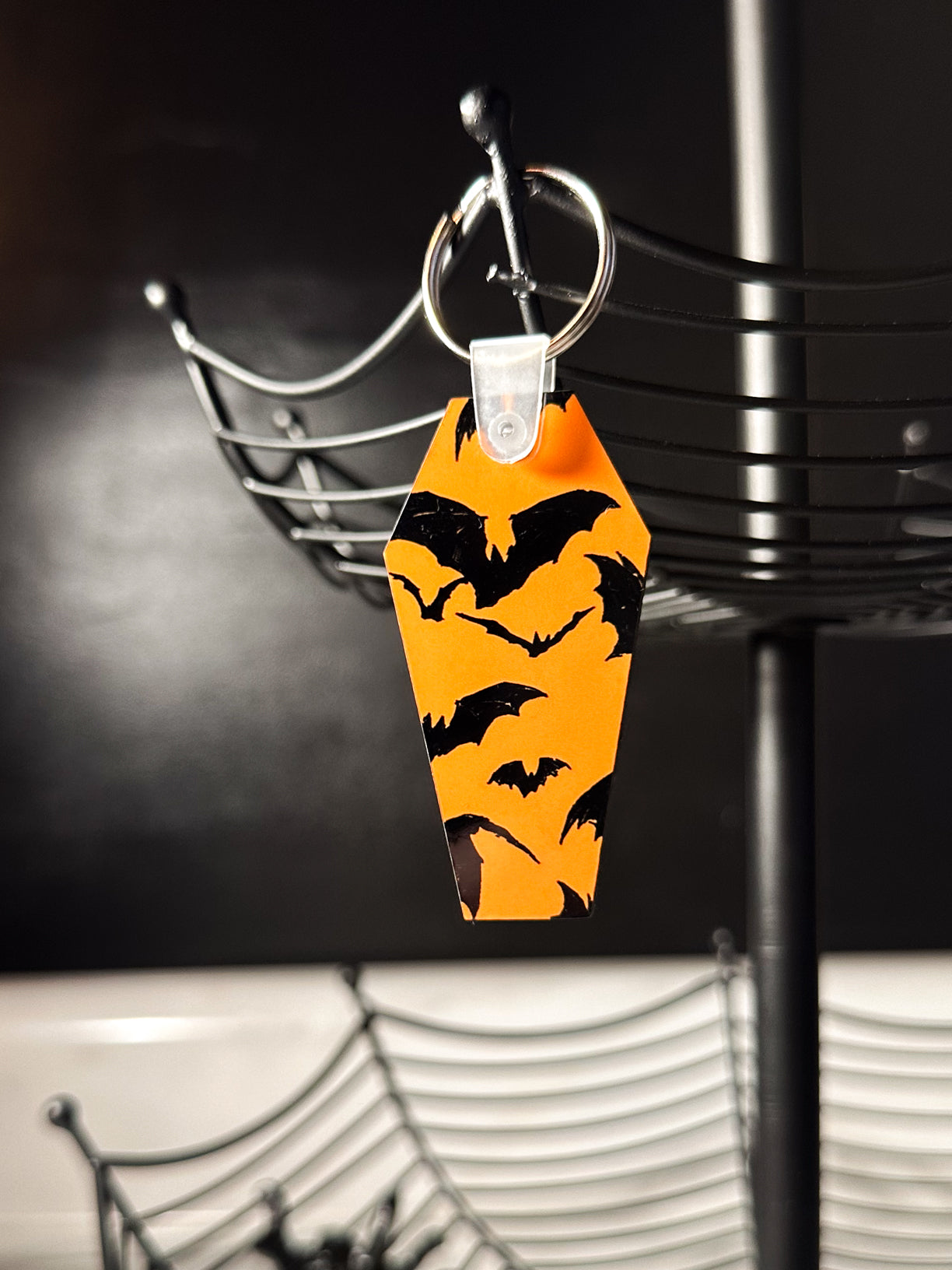 Bat Coffin Keychain (orange and black)