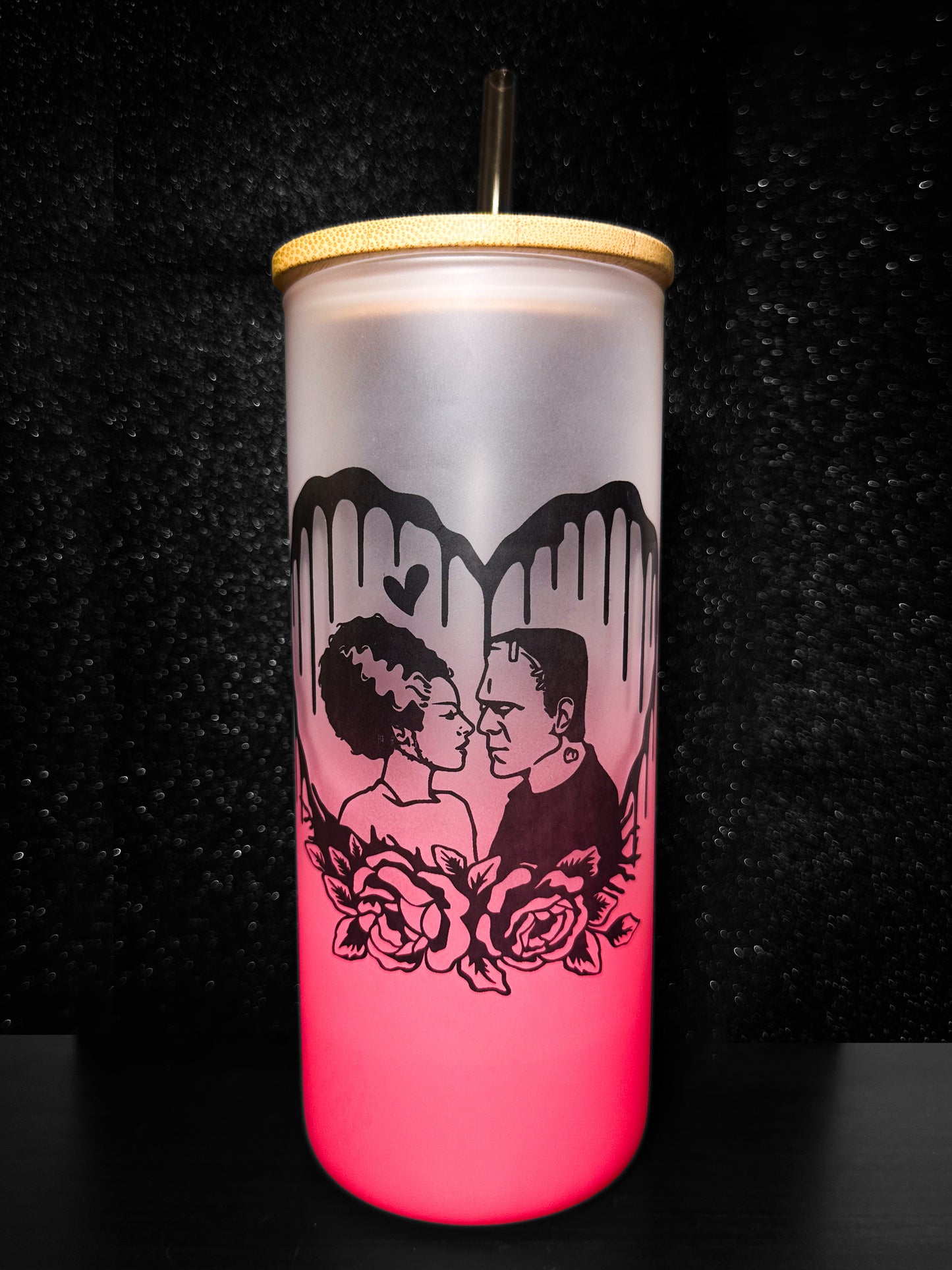 Frankenstein Couple Pink Frosted Tumbler, 18oz