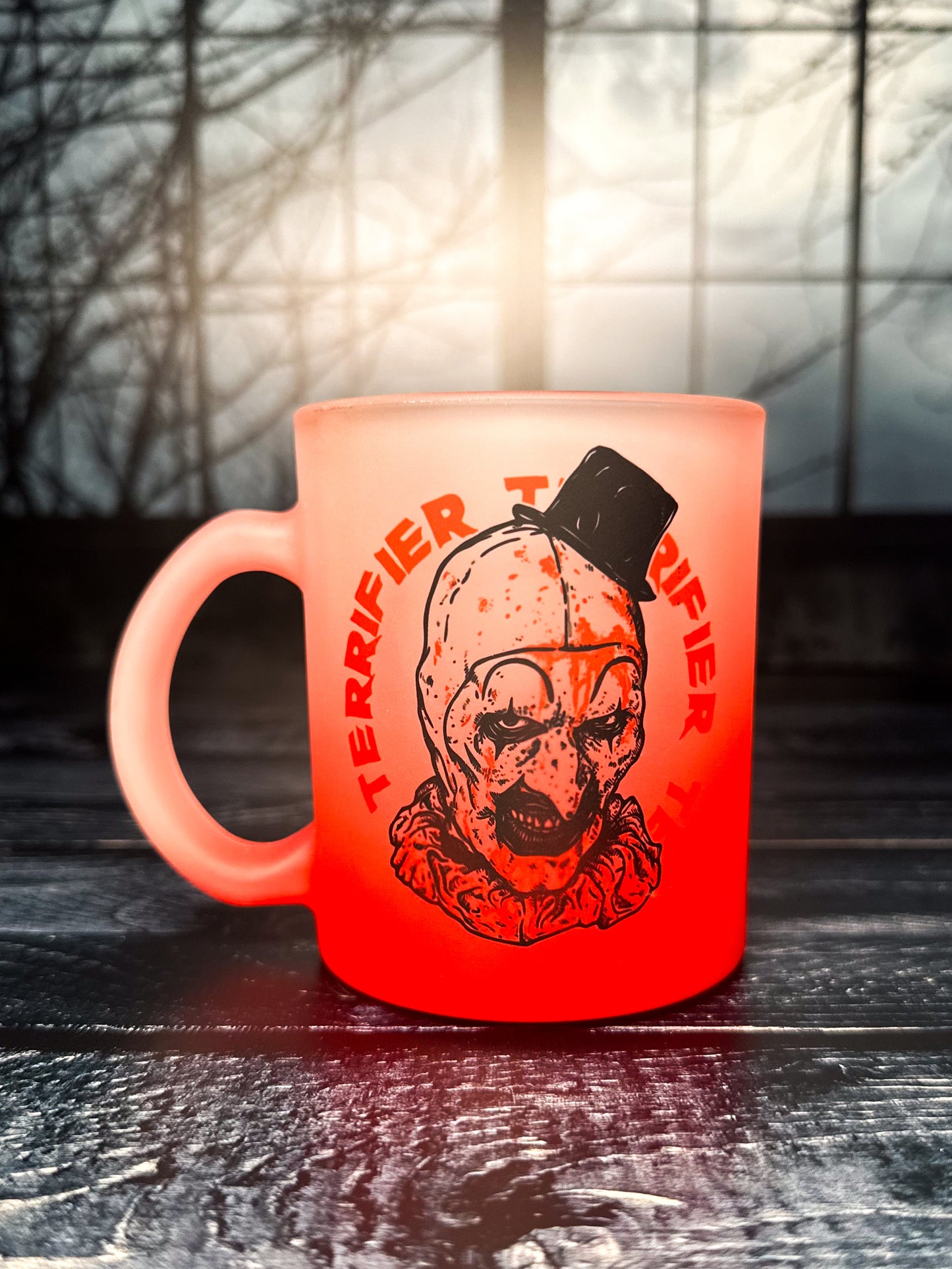Art the Clown (Terrifier) Mug, Red Frosted Glass, 11oz