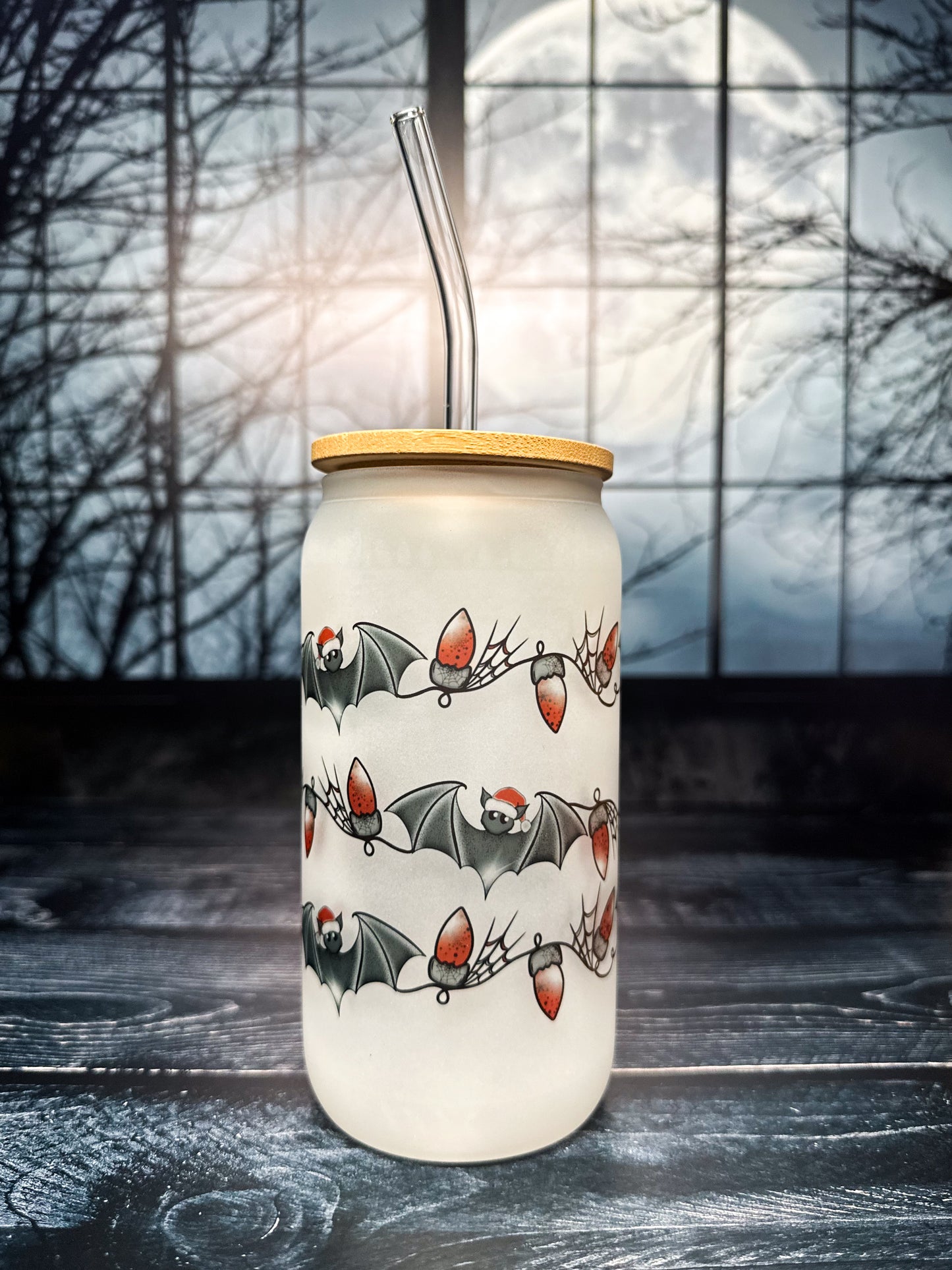 Christmas Bats, frosted glass tumbler, 16oz