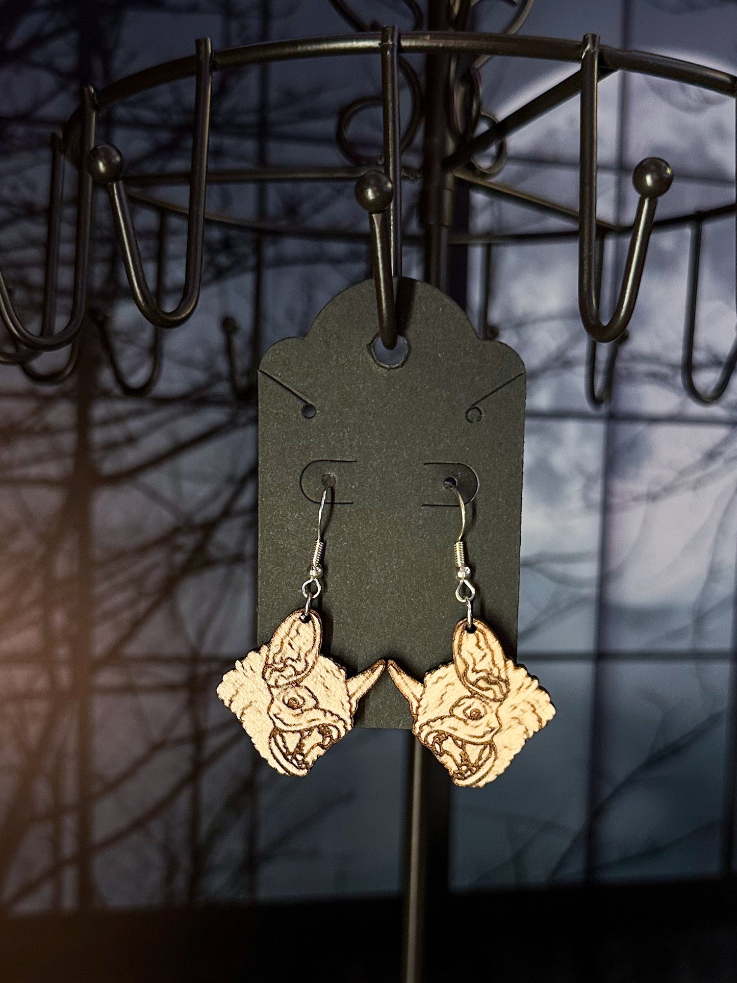 Bat Head Wood Earrings