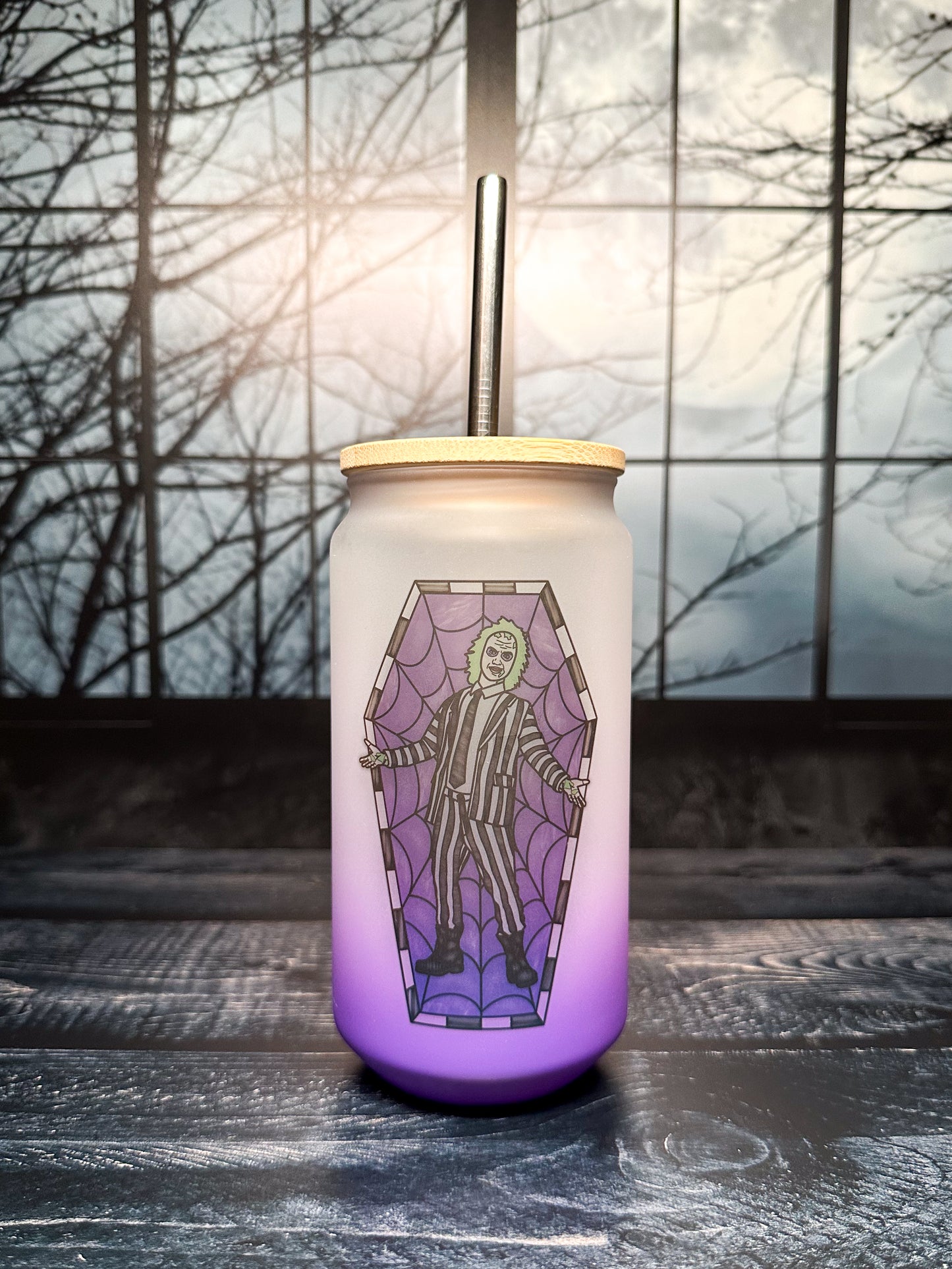 Beetlejuice Stained Glass, frosted glass tumbler, 16oz