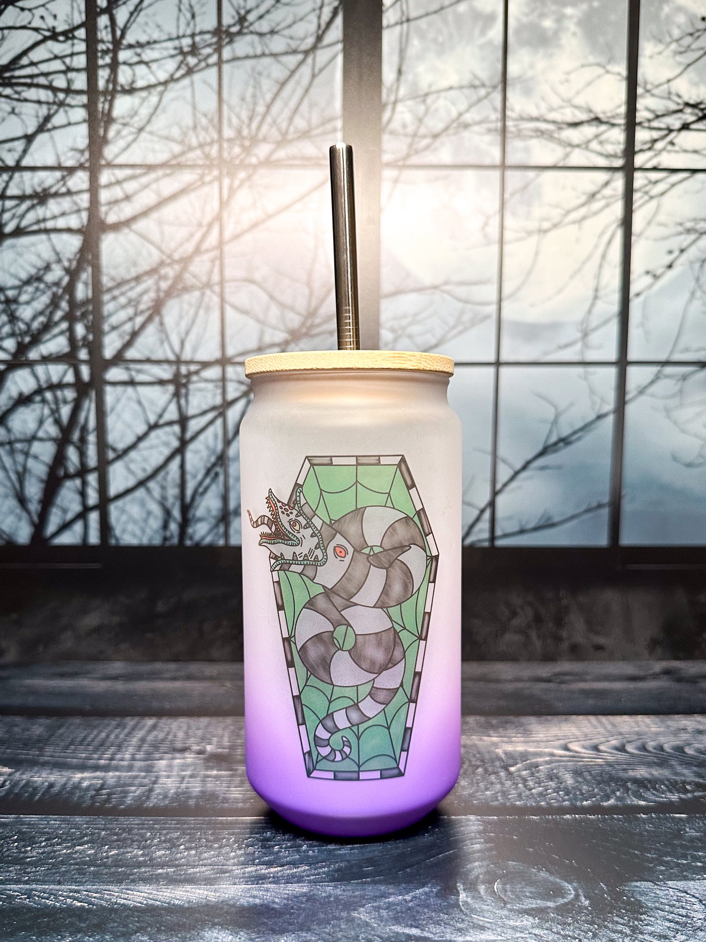 Beetlejuice Stained Glass, frosted glass tumbler, 16oz