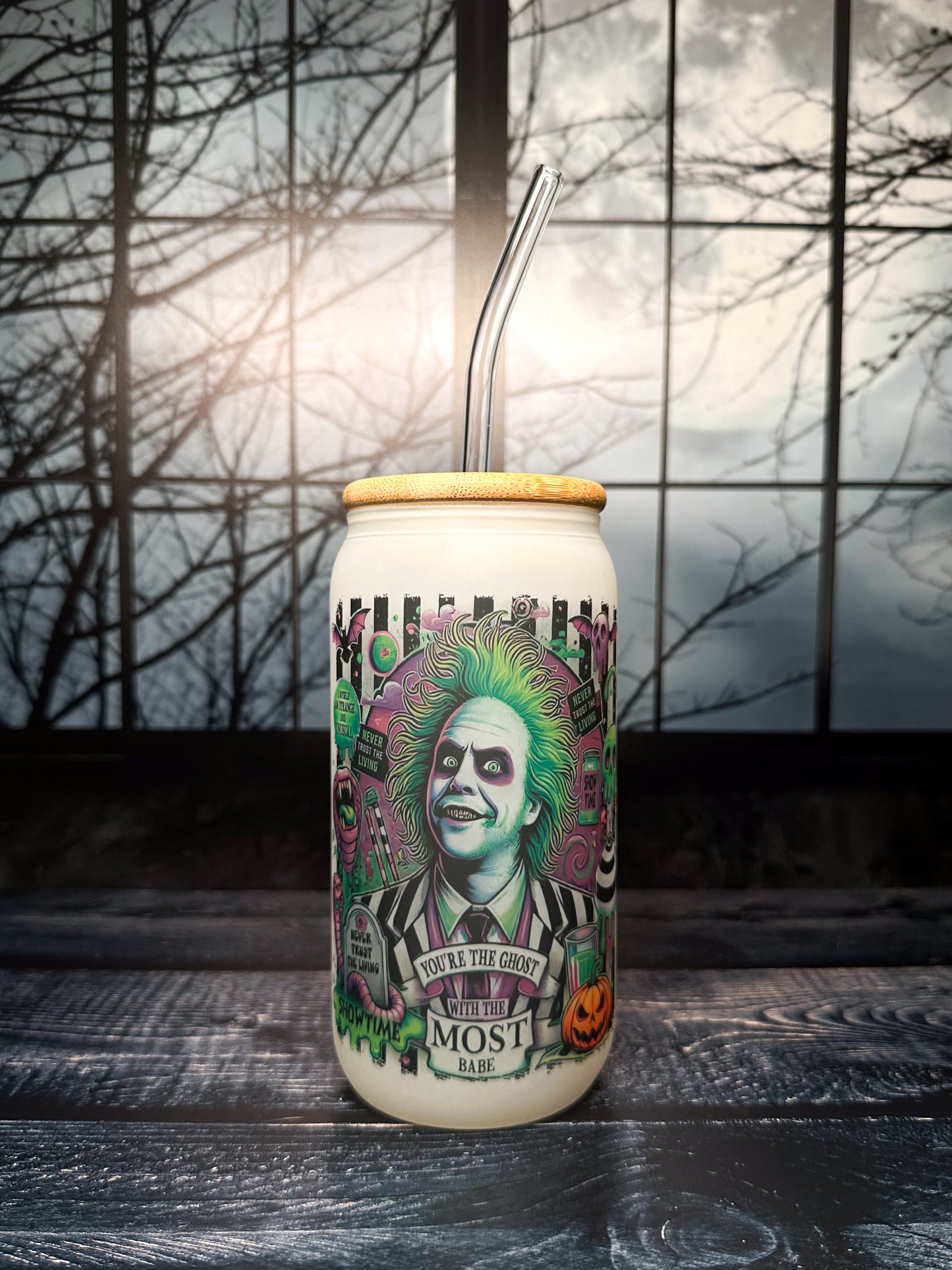 Beetlejuice Ghost with the Most, frosted glass tumbler, 16oz