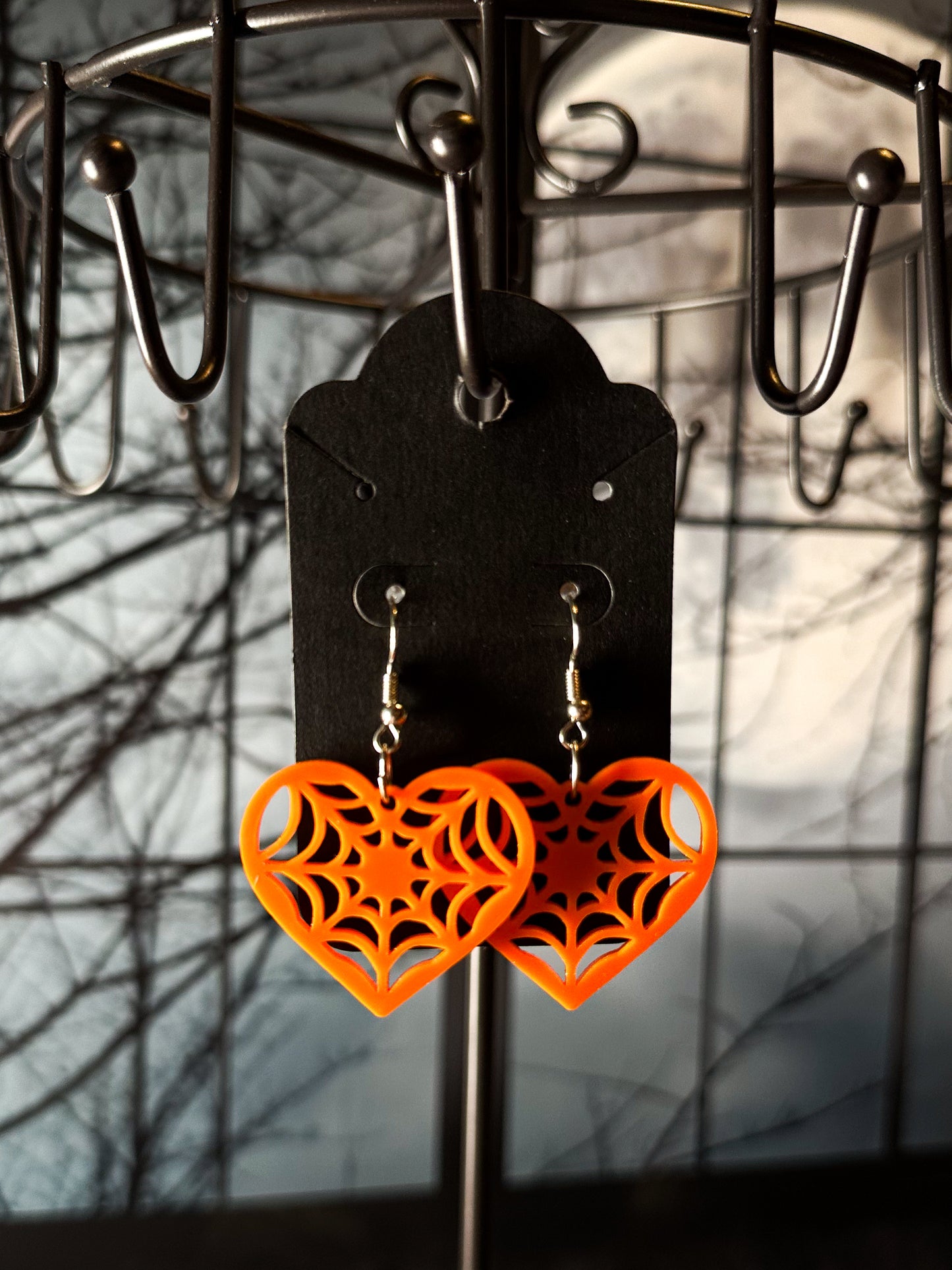 Spider Web Heart Earrings, Orange