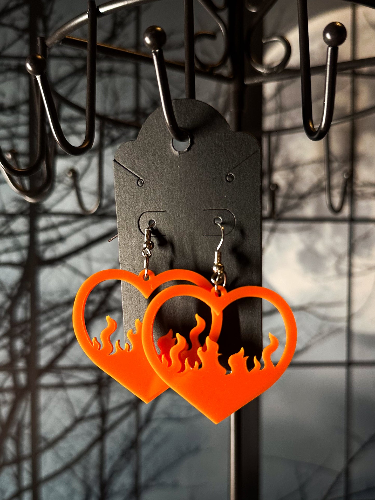Flame Heart Acrylic Earrings, Orange