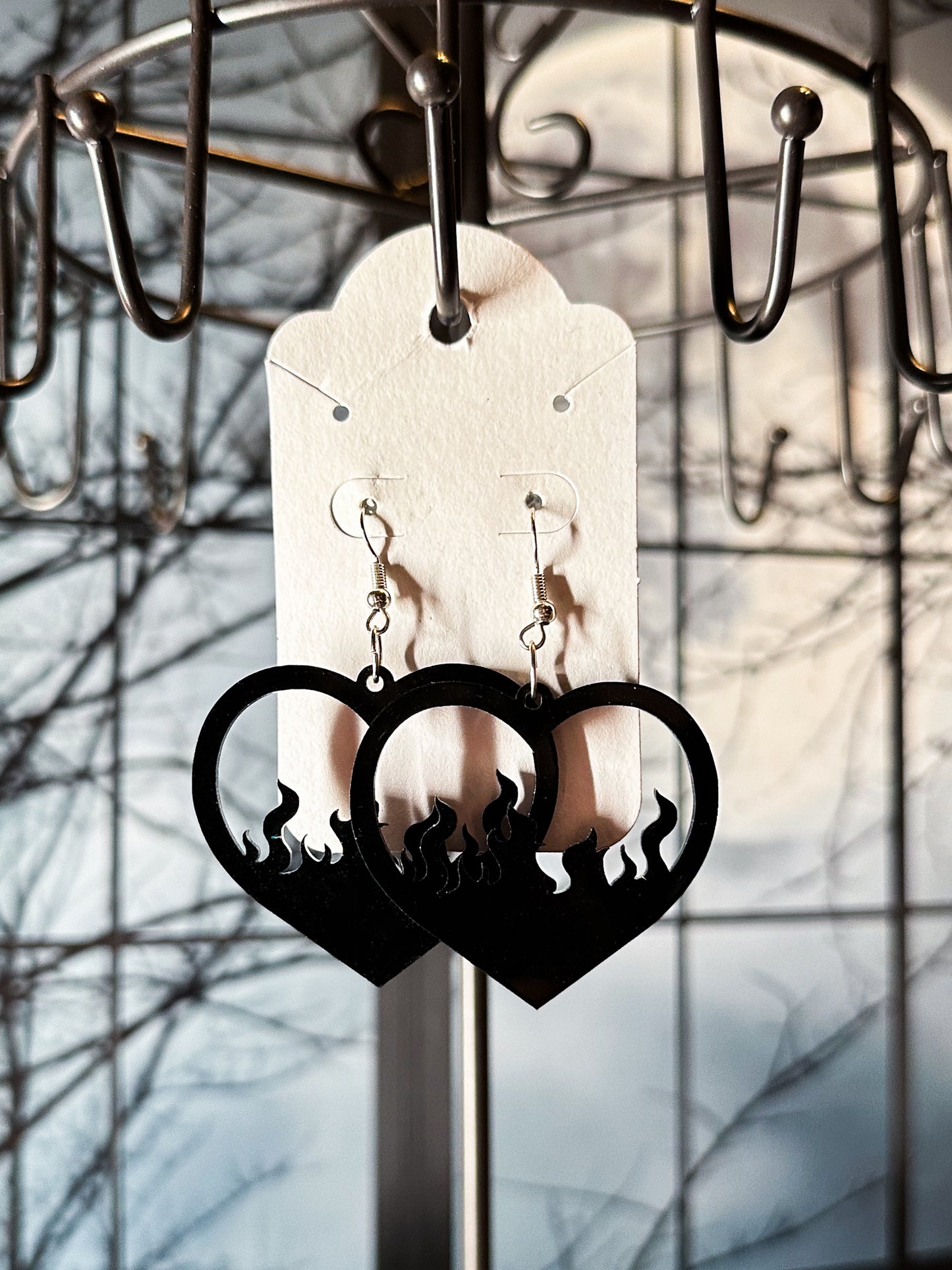 Flame Heart Acrylic Earrings, Black