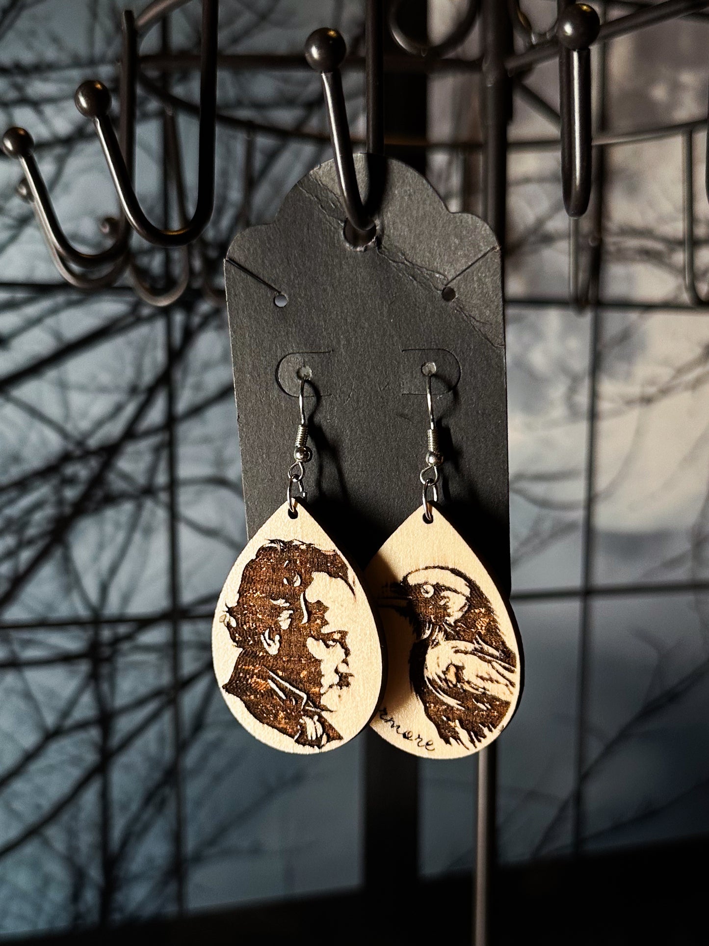 Edgar Allan Poe Raven Wood Earrings