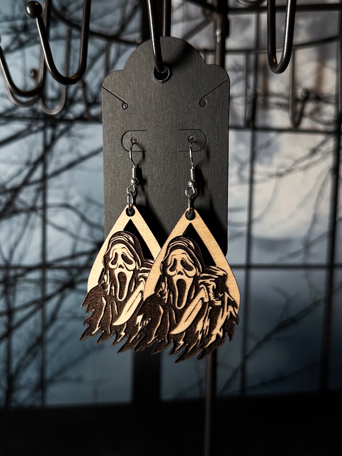 Ghostface w/ Knife Teardrop Wood Earrings