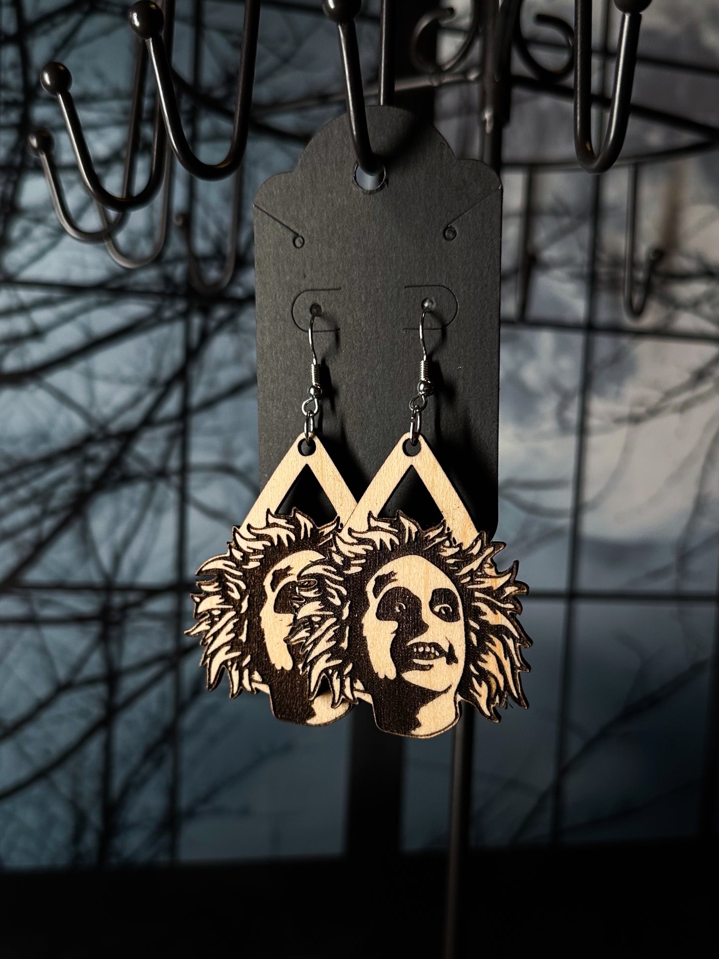 Beetlejuice Teardrop Wood Earrings
