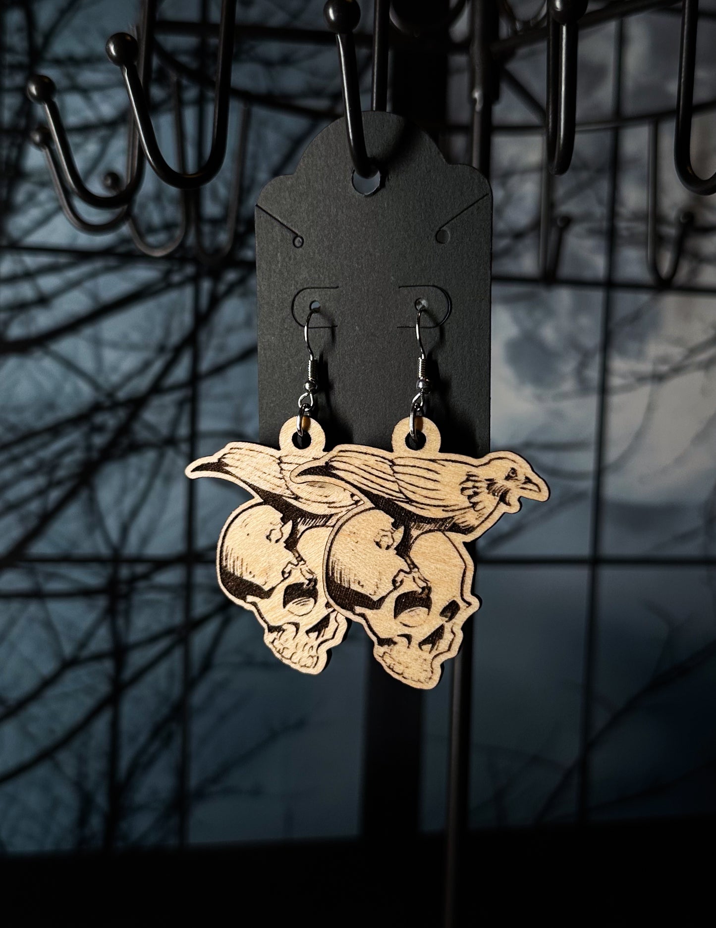 Crow & Skull Wood Earrings