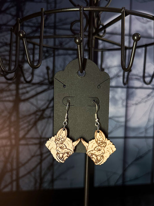 Bat Head Wood Earrings
